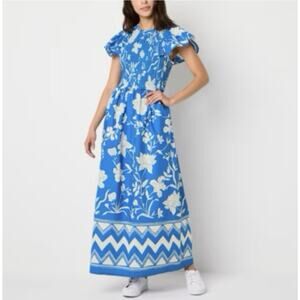 St John’s Bay Blue Floral Smocked Maxi Dress Cottagecore Boho XXL NWT